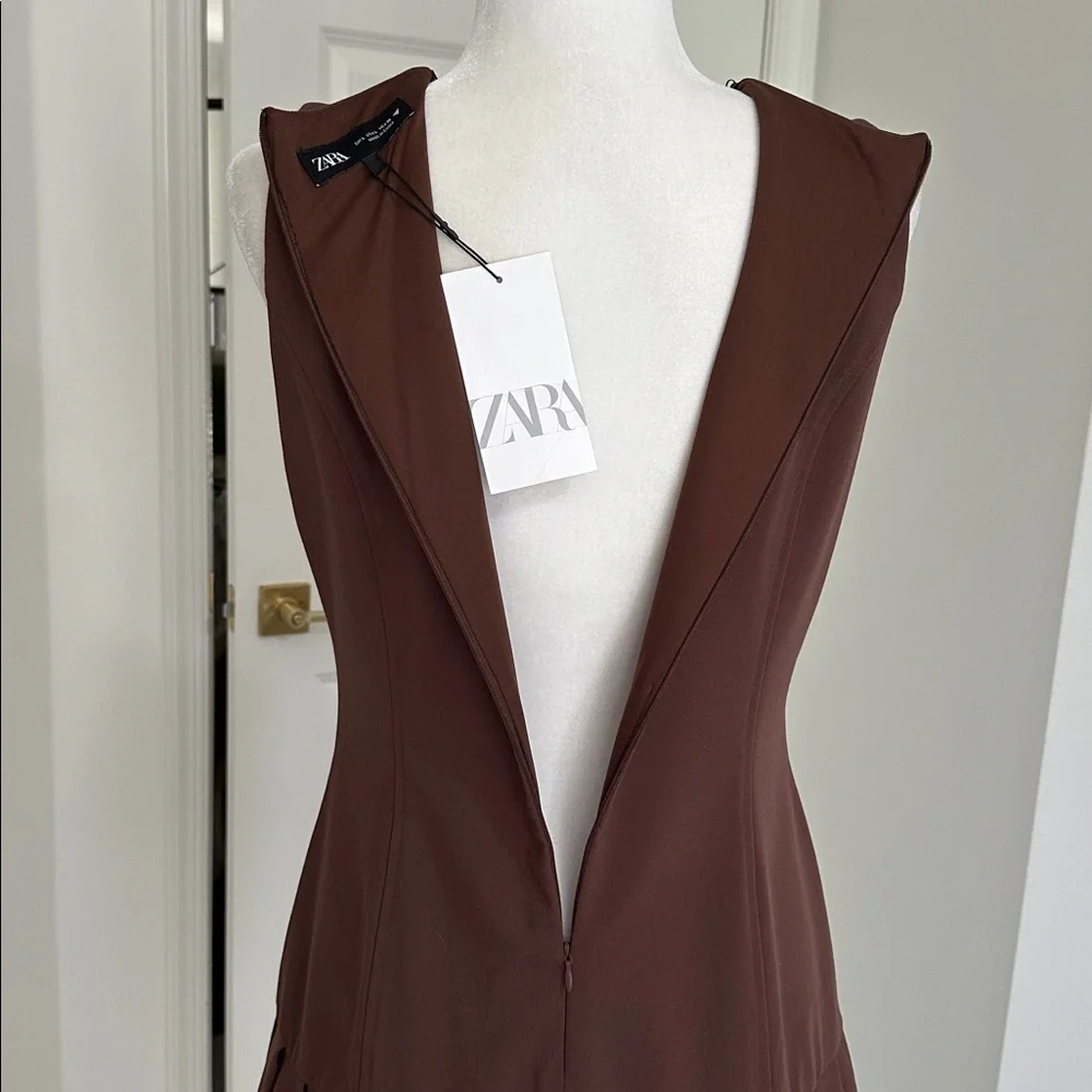 Zara Chocolate Brown Box Pleated Sleeveless Mini Dress - Picture 7 of 12